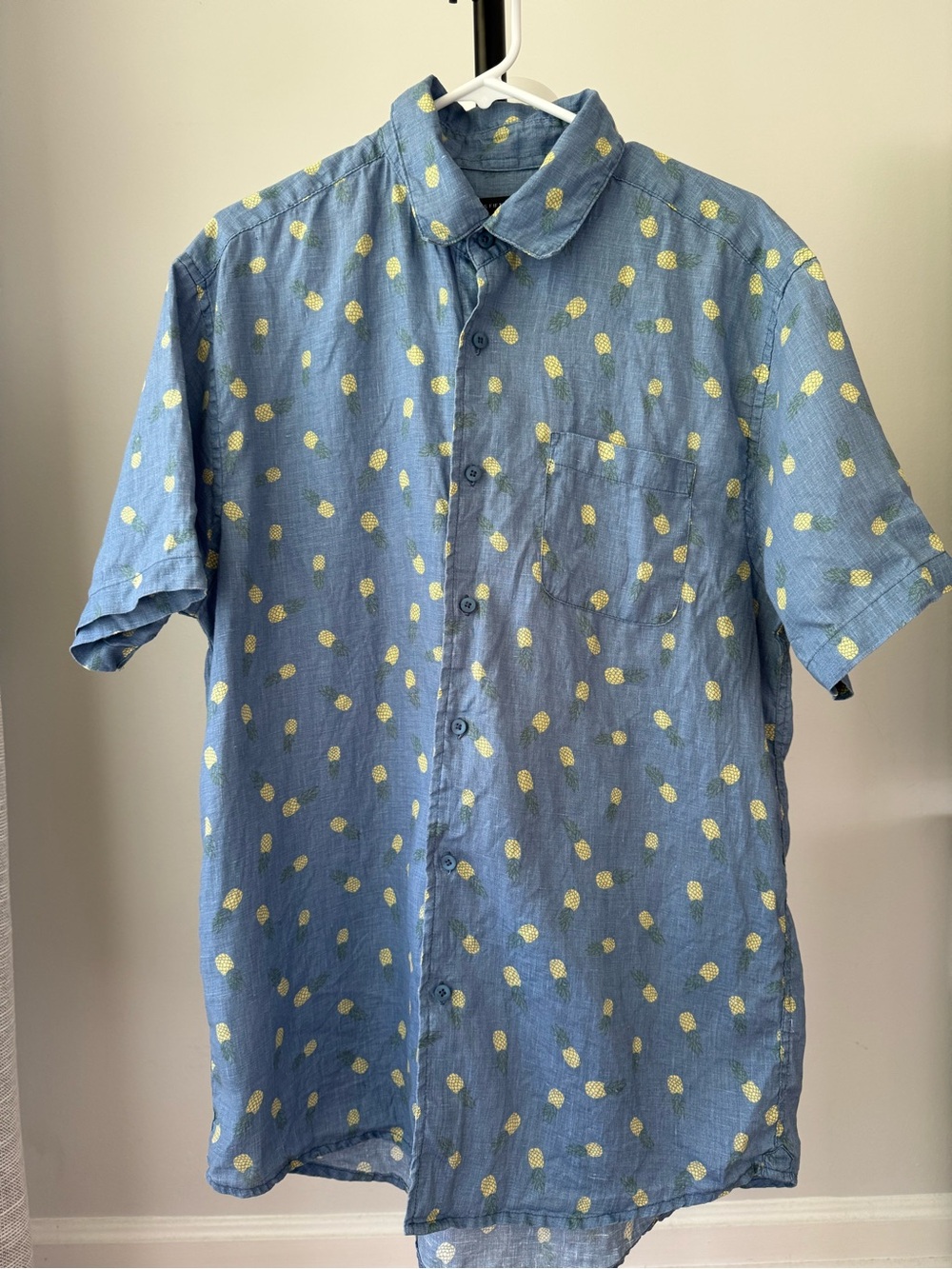 Saks Fifth Ave Linen Shirt Pineapple Print Blue Short Sleeve Men L